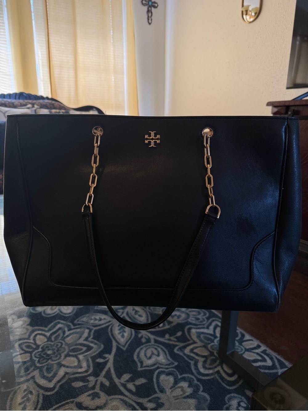 Tory Burch Black Leather Tote with Gold Chain Handles